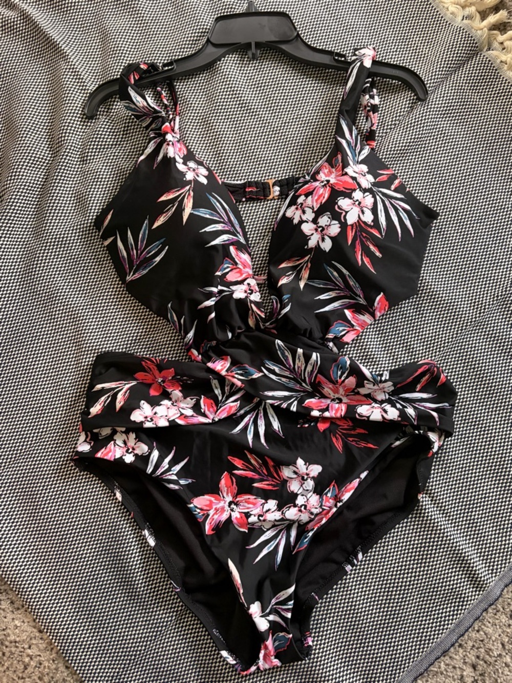 Bar III cut Out Tummy Toner Black Floral One-Piece Swimsuit